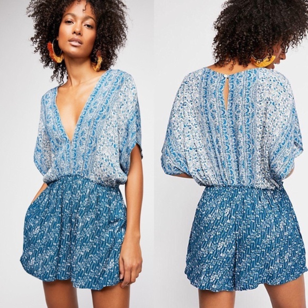 Free People Blue Pattern Romper